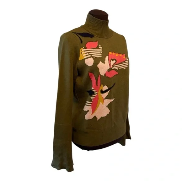 Anthropologie Knitted Knotted Olive Green MockNeck Abstract Floral Sweater sz M - Picture 6 of 16